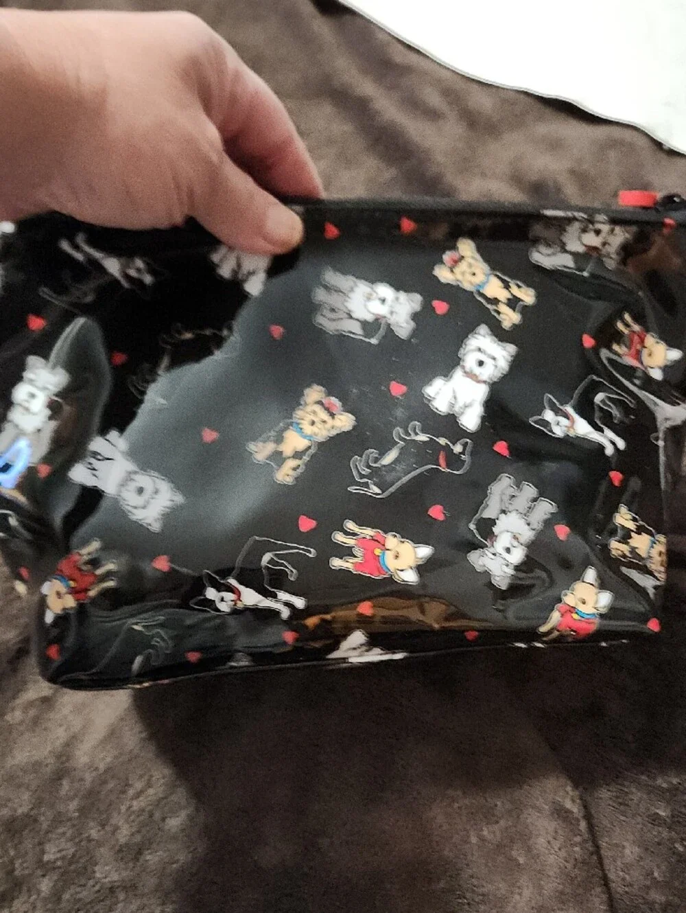 Marc Tetro Black Patent Cosmetic Pouch with Playful Dog Print